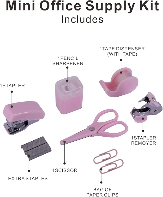 Mini Office Supply Kits Mini School Supplies – Includes Mini Stapler,Scissors, Staple Remover, Staples, Tape Dispenser (Pink)