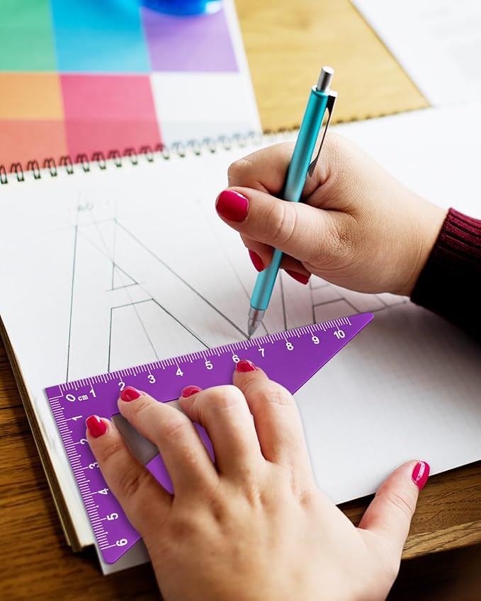Honagu Triangular Ruler Set, 4 Pieces Aluminum Alloy Ruler, Metal Drafting Ruler, Geometric Protractor for Students, Draftsmen, Engineers, School Office Supplies (Purple)