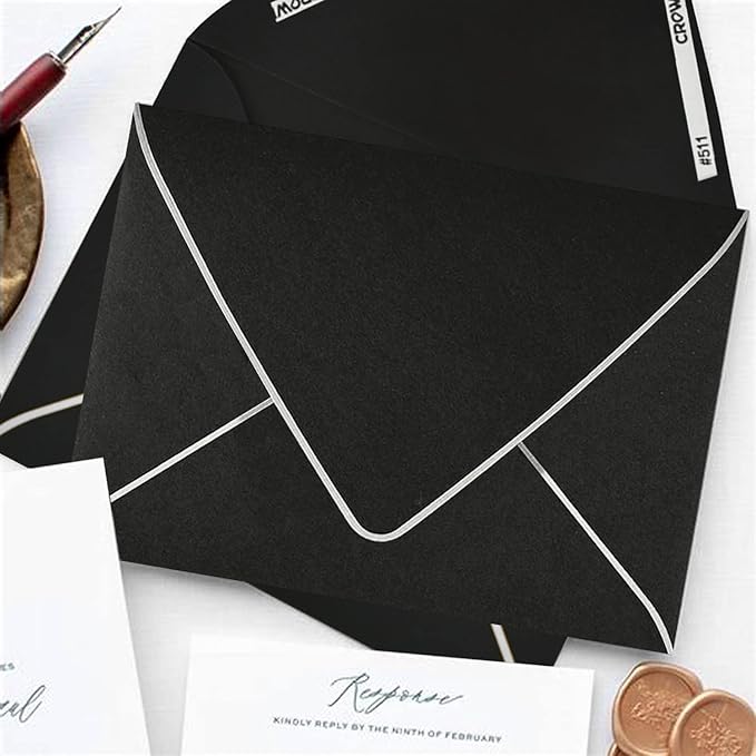 50 Pack, A7 Black Envelopes With Silver Border, Invitation 5 x 7 Envelopes - For 5x7 Cards| Self Seal| Perfect for Weddings, Invitations, Photos, Baby Shower| 5.25 x 7.25 Inches(Black-Silver Border)