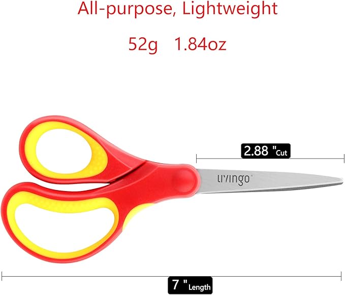 LIVINGO 7" Student Scissors, Sharp Stainless Steel Pointed Tip Blades Shears for Middle School Kids Crafting Project, Comfort Right/Left-handed, Assorted Color, 3 Pack