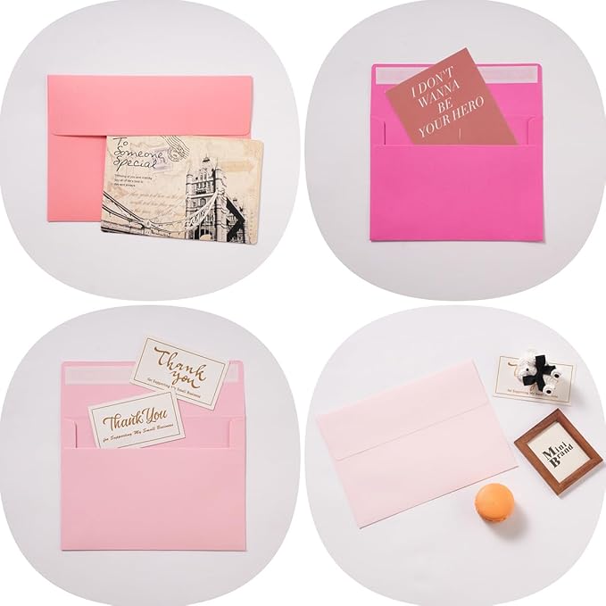 100 Pack A7 Envelopes with Blank 5 x 7 Cards Pink Self-Adhesive Business Envelopes Invitations Cards Envelopes (5 Colors Pink, A7)