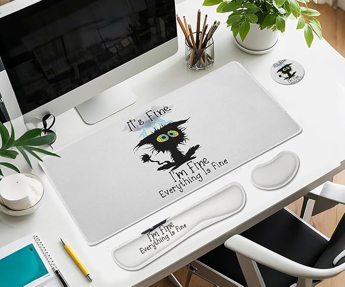 Large Mouse Pad Set, Cute Extended Mouse Pad+Keyboard Wrist Rest Support Desk Pad Memory Foam Ergonomic Easy Typing - It's Fine