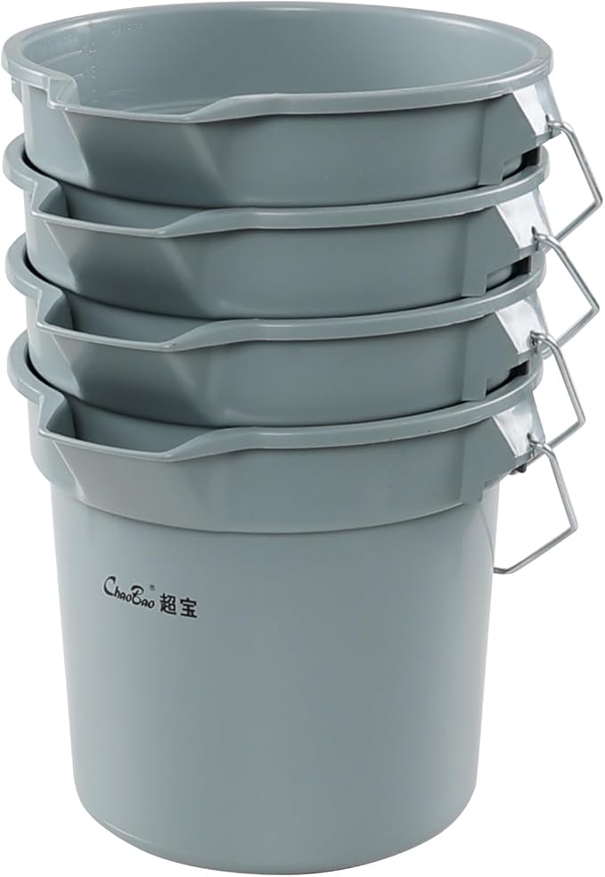 14 Quart Round Water Bucket with Grip Handle, 4 Pack Plastic Commercial Cleaning Pail, Grey