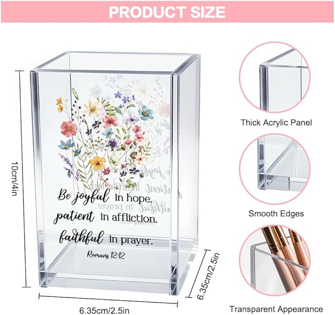 Be Joyful in Hope, Patient in Affliction Romans 12:12 Acrylic Cosmetic Pencil Pen Holder Cup, Christian Verse Pen Holder Cup, Christian Gifts for Women Boss Friend Teacher