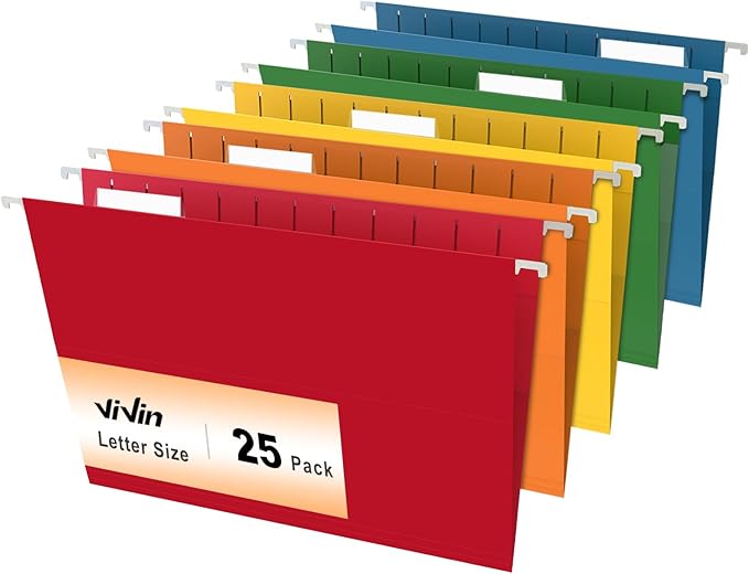ViVin 25 Pack Letter Size Hanging File Folders with 25 Per Box, 1/5-Cut Adjustable Tabs, Hanging Folders Designed for Office Bulky Files, Filing Cabinets(Assorted)