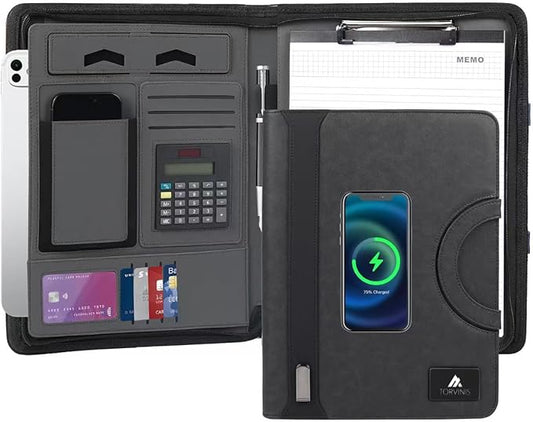 Premium Leather Padfolio with Zipper,Business Folder,Smartest Protective 10.1 Inch Tablet Sleeve,8000mAh Power Bank,Wired Charging,Presentation Slot,Solar Calculator, Card Storage, Writing Pad