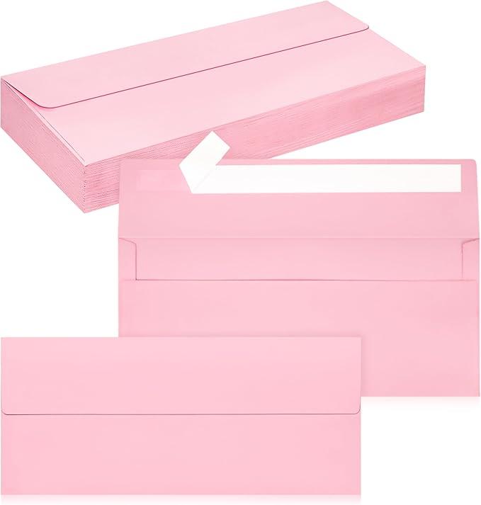 50 Pack #10 Business Envelopes, Self Seal Standard Pink Envelopes for Secure Business & Legal Mailing, Office, Checks, Letter, Invoices, 4 1/8 x 9 1/2 Inches