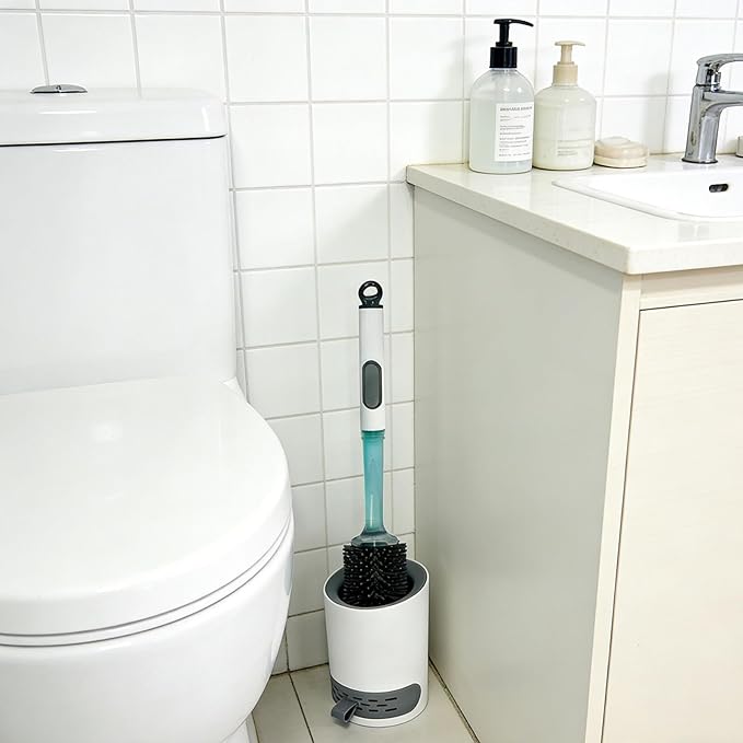 xyadyhz Toilet Brush Set, Silicone Toilet Bowl Scrubber & Holder - Reusable & Drip-Proof Bathroom Cleaner, Space-Saving Design for RV, Apartment; Includes Dispenser, Grey 1PCS