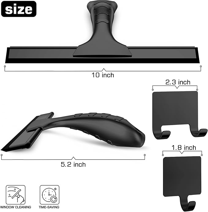 All-Purpose Stainless Steel Shower Squeegee for cGlass Door with 2 Adhesive Hooks, Bathroom Cleaner Tool Household Window Mirror Squeegee for Shower Glass, Car, Cleaning Tile Wall, 10 Inch Black