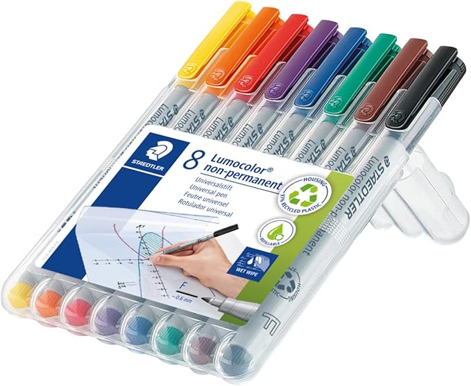 Staedtler Lumograph Non-Permanent Wet Erase Marker Pens, Fine Tip Refillable Colored Markers, 8 Pack, 315 WP8