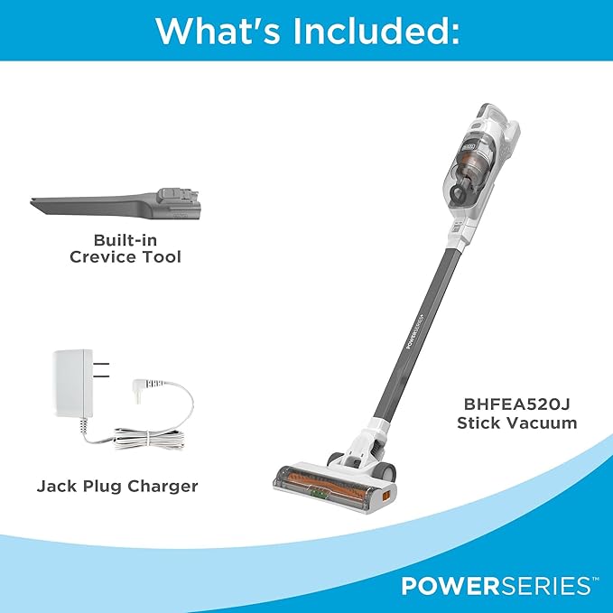 BLACK+DECKER POWERSERIES+ 20V MAX Cordless Stick Vacuum Cleaner with LED Floor Lights, Bagless, Lightweight, Cordless Vacuum Cleaners for Home, Up to 44 Minutes, Powerful Suction, Gray (BHFEA520J)