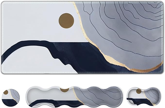 Gaming Mouse Pad Keyboard Wrist Support, 4 in1 Mousepad with Wrist Keyboard Rest, Computer Desk Mat, Non-Slip Desk Pad with Memory Foam Easy Typing Pain Relief I Grey Abstract Moon Mountain