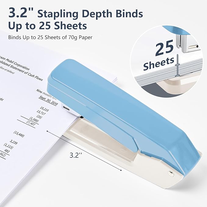 MJMX 360° Rotating Swing-Arm Stapler, 25-Sheet Capacity, with 1000 Staples, 8-Position Lock, ABS Durable Design, for Office/Home/School (White+Blue)