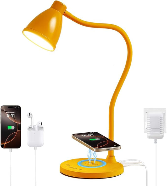 BOHON LED Desk Lamp with USB C+A Charging Ports Wireless Charger, 5 Colors Stepless Dimming Touch Reading Light, Flexible Gooseneck Lamp for Home Office Bedside Table College Dorm Room, Bright Yellow