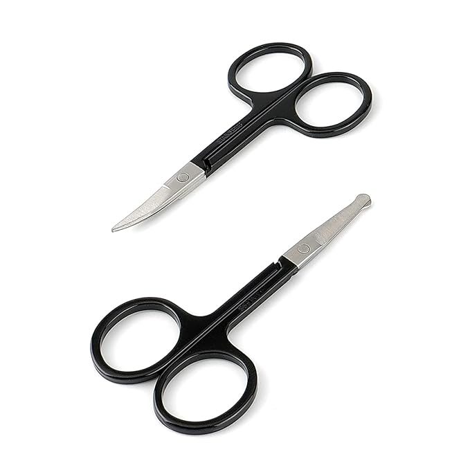 Facial Hair Small Grooming Scissors For Men Women - Eyebrow, Nose Hair, Mustache, Beard, Eyelashes, Ear Trimming Kit - Curved and Rounded Safety Tip Clippers For Hair Cutting- 2PCS Black