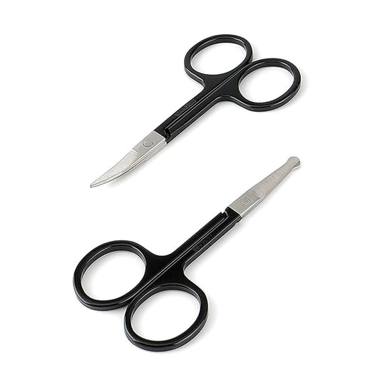 Facial Hair Small Grooming Scissors For Men Women - Eyebrow, Nose Hair, Mustache, Beard, Eyelashes, Ear Trimming Kit - Curved and Rounded Safety Tip Clippers For Hair Cutting- 2PCS Black