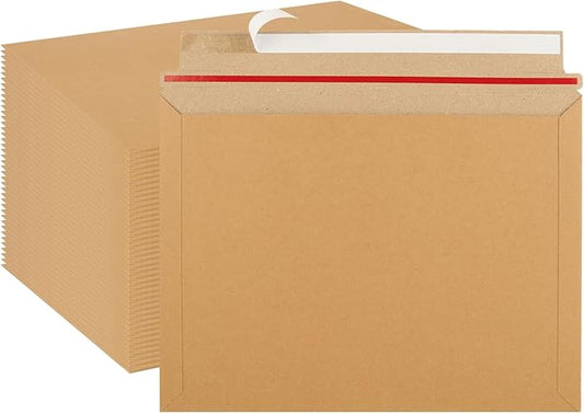 50 Pack 12.5 x 9.5 Inch Self Seal Cardboard Mailing Envelopes, 450 GSM Stay Flat Mailers for CD, Photos, Document, Pictures, Papers, Files, Brown