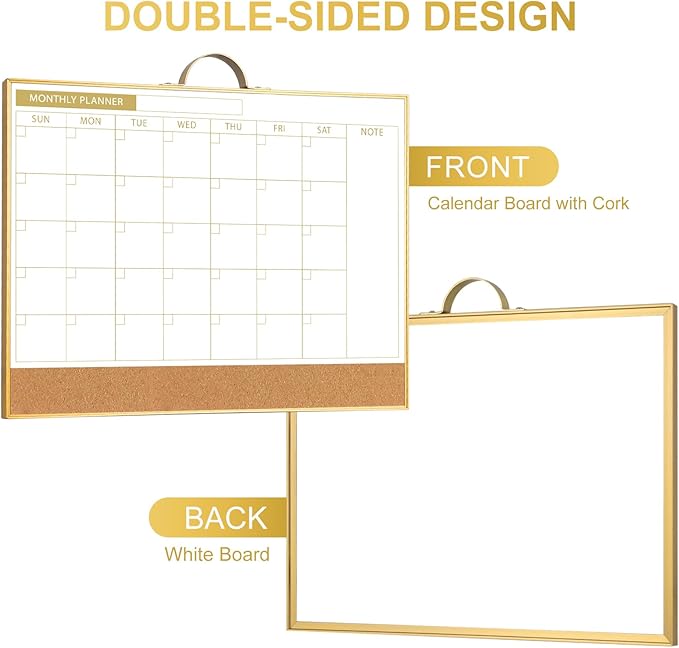ARCOBIS Dry Erase Calendar with Cork Board for Wall, 12"x16" Double-Sided Calendar Whiteboard & White Board with Gold Frame, Magnetic Monthly Planning Board for Home, Office, School