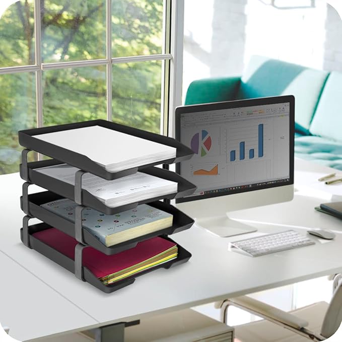 Acrimet Traditional 4 Tier Letter Tray, Front Load Design, A4 Letter Size, Desktop Organizer (Plastic) (Black Color)