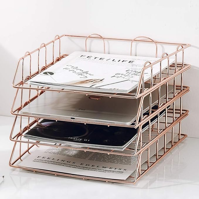 Jolitac Rose Gold 4-Tier Stackable Paper Tray Desk Organizer, Workspace Decorative Stacking Rack Supplies Holder, Metal Letter Trays for File Documents in Home & Office (Rose Gold)