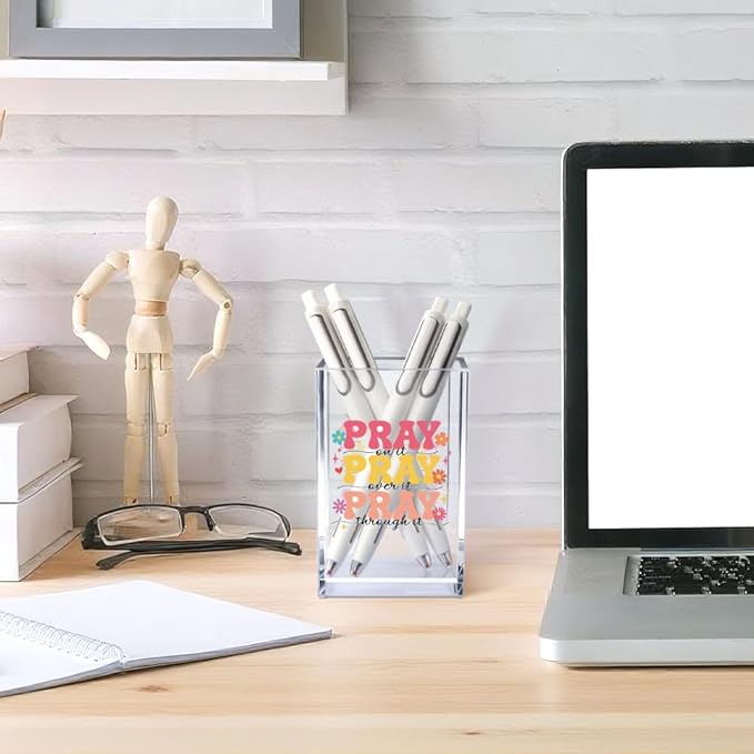 Pray on it Pray through it Acrylic Cosmetic Pencil Pen Holder Cup, Bible Verse Pen Holder Cup, Women Faith Gifts, Christian Gifts for Women Mom Daughter Sister Friend Colleague Boss Teacher