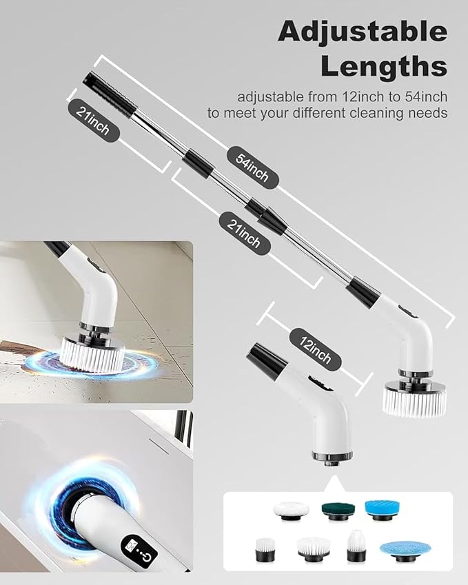 Electric Spin Scrubber, IP67 Waterproof Cordless Power Scrubber with Power LCD Display, 7 Replaceable Cleaning Brush Heads Dual Speed, Adjustable & Detachable Long Handle, Bathroom, Shower, Tub
