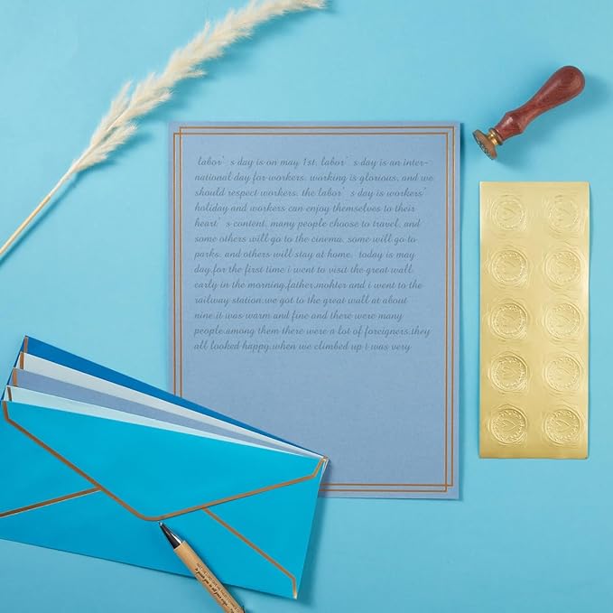 50 Pack 5 Colors Stationery Set with Gold Border, #10 Business Envelopes and 8.5x11 Paper Sheets and Stickers for Writing Letters (Blue)