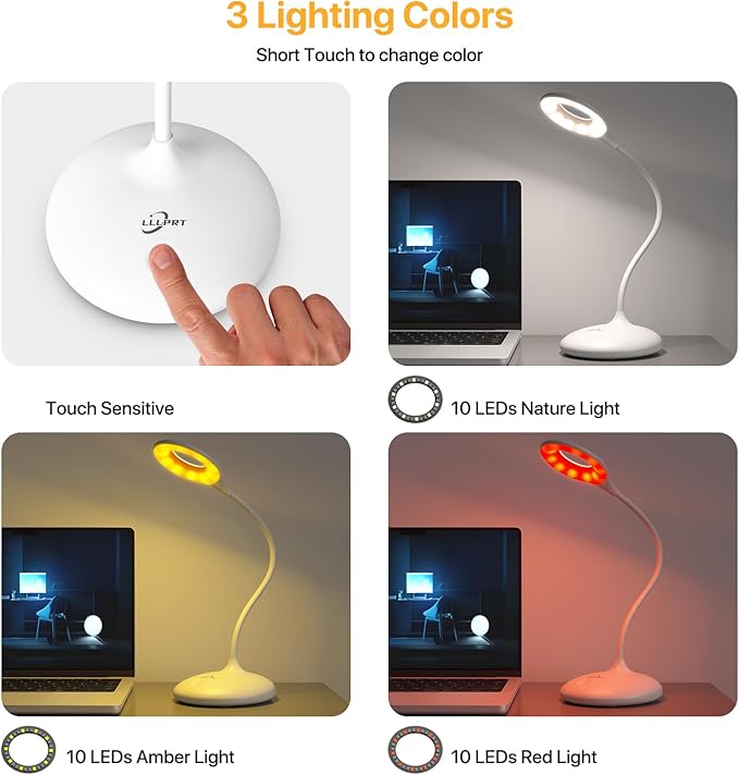 LED Desk Lamp with 3 Color Modes, Touch Control 30 LEDs Table Lamp, Stepless Dimming Reading Light,360° Flexible, Rechargeable Portable Eye-Caring Sleep Aid for Dorm Study Office Bedroom, White