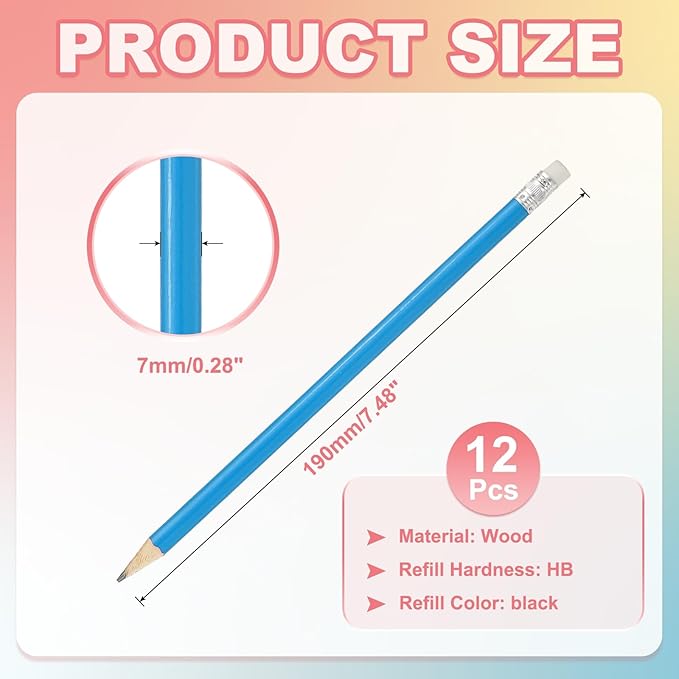 PATIKIL Round Wooden Pencils Bulk, 12 Pack HB Graphite Pencils with Eraser for Office Supplies, Engineering Marking Writing Art Drawing Supplies, Blue