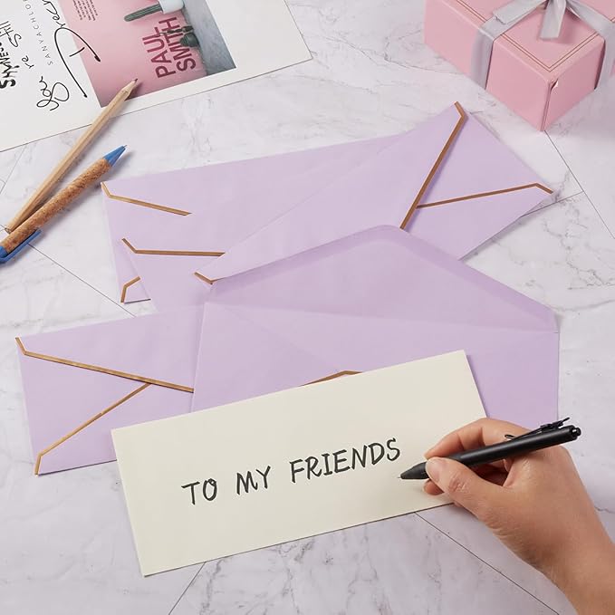 30 Pack Thick #10 Business Envelopes with Gold Border, 4 1/8 x 9 1/2 Thick Paper Standard Envelopes with Stickers for Office, Checks, Letter Mailing, Invoices (Light Purple)