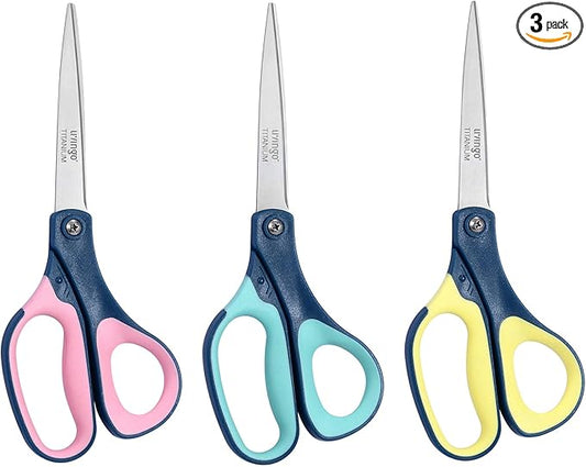 LIVINGO Titanium Scissors All Purpose - 3 Pack 8.5” Sharp Stainless Steel Heavy Duty Shears for Office Home Crafting Cutting Paper Fabric