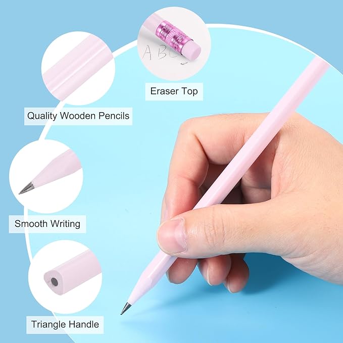 PATIKIL Round Pencils, 24 Pcs Triangle HB Graphite Pencil Wooden Pencils with Eraser for Classroom Office Writing Drawing Supplies, Purple
