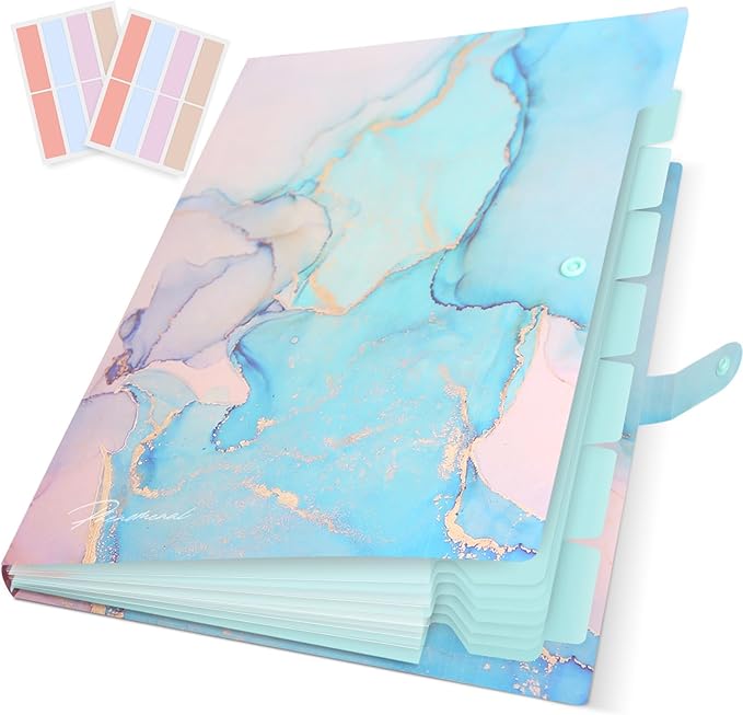 Expanding File Folder, Folders for Important Documents Organizer, Accordion File Organizer, Aesthetic Folders for School Students, 8 Pockets File Folder for Home Bills (Cyan Gold Marble)