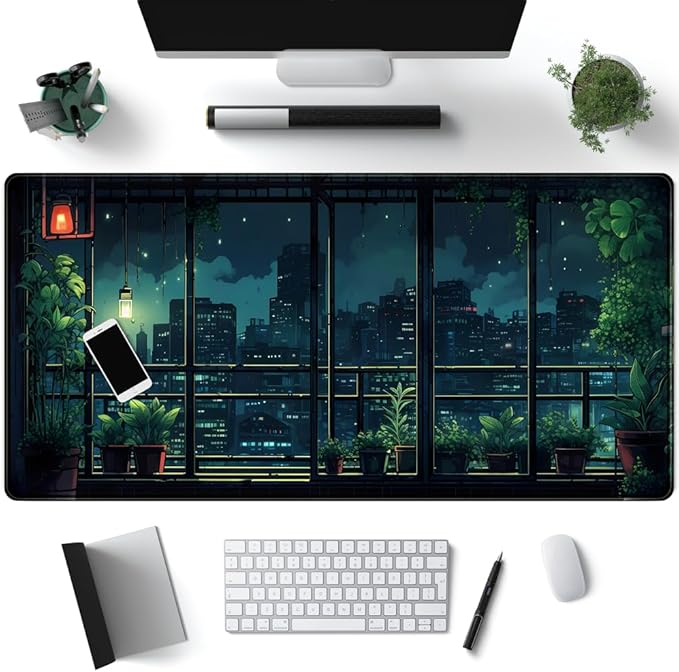 Extended Army Blue Desk Mat Window Plant Bonsai Green Animes Pad Large Mousepad Gaming XL Computer Mat Office Decor for Women Large Desktop Mat Laptop Keyboard Mousepad for Desk 31.5x15.8in