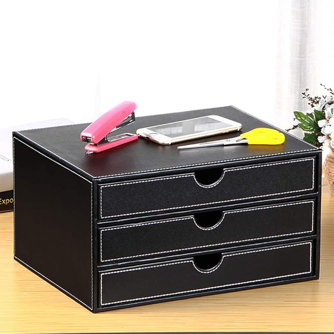 High-end PU Leather Desk Organizer File Cabinet Executive Office Supplies Desktop Filing A4 File Cabinet Stackable Storage Organizer Box with 3 Drawers (Black)…