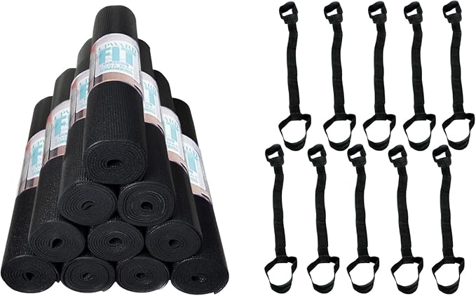 10-Pack Classic Yoga Mat With Carrying Strap, 68" x 24" Non Slip Exercise Mat, 4mm Thick Fitness Mat, Anti-Tear, Bulk Yoga Mats for Home Workout, Gym, School, or Studio