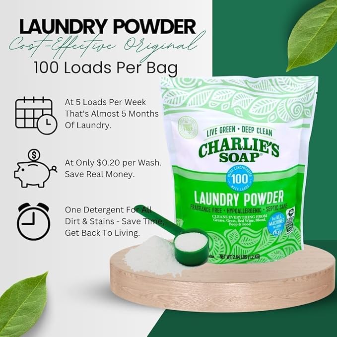 Charlie’s Soap Laundry Powder (100 Loads, 6 Pack) Hypoallergenic Deep Cleaning Washing Powder Detergent – Eco-Friendly, Safe, and Effective