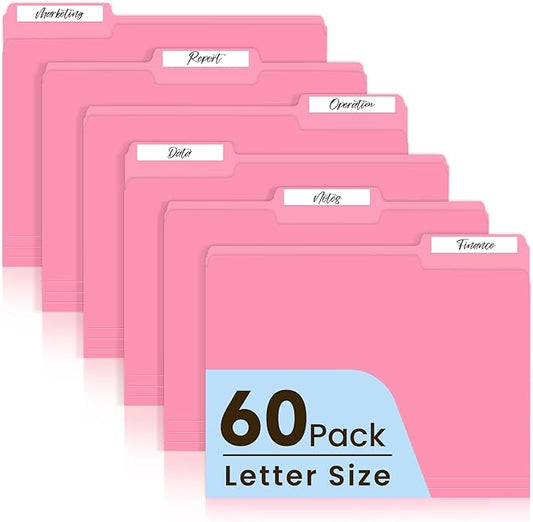 Colored File Folders Letter Size, 60 Pack Pink Folders 1/3 Cut Tabs, Assorted Pastel Color Office School Buiness Folders for Filing Organization, Paper File Folder Bulk Set
