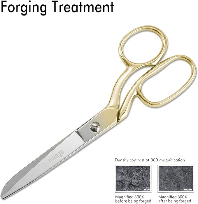 LIVINGO Professional Fabric Sewing Scissors: Multipurpose Heavy Duty Forged Stainless Steel Sharp Bent Blade Dressmaker Classic Cutting Leather Cloth Tailor Shears for Home - 8 inch Gold