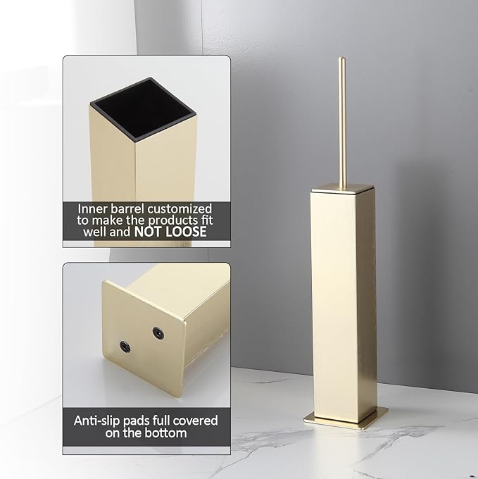 BGL Toilet Brush with Holder Set Brushed Gold Aluminium Standing for Bathroom Toilet Bowl Cleaner Brush and Holder Set, Square Design