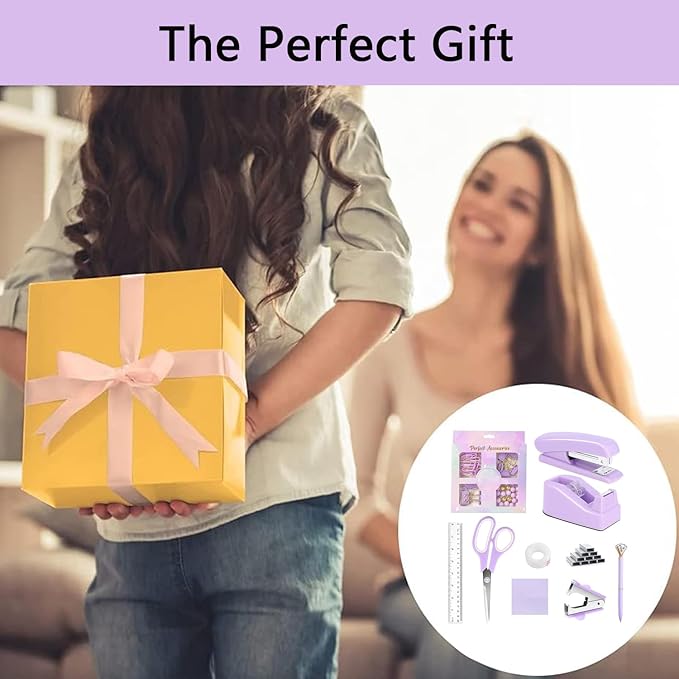 Office Supplies,Desk Accessories,Tape Holder,Stapler,Scissor,Staple Remover,Box of Binder Clips,Staples,Ballpoint Pen,Sticky Notes,Clear Tape,Ruler,Office Supplies Set Purple