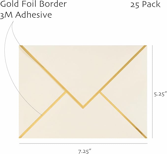A7 Envelopes - V Flap Foil Border Luxury Mailing Envelopes for 5" x 7" Cards - for Wedding, Invitations, Baby Shower, Photos, Graduation, Birthday, Bridal Shower - 5.25" x 7.25" (Ivory, 25 Pack)