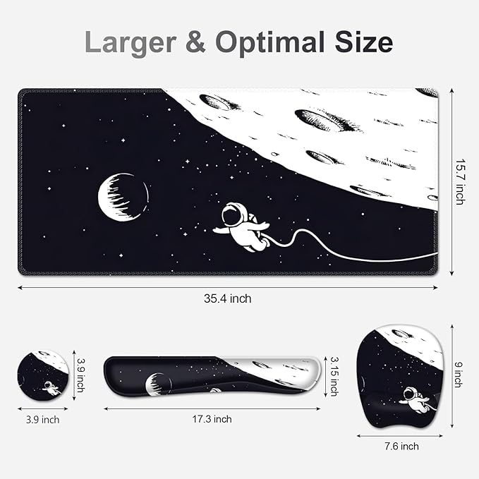 Large Mouse Pad, Keyboard Wrist Rest Set, Ergonomic Mouse Pad with Wrist Support, Desk Mat with Stitched Edges + Coaster, Extended Desk Pad Waterproof Desk Mat for Home Office Game I Space Astronaut
