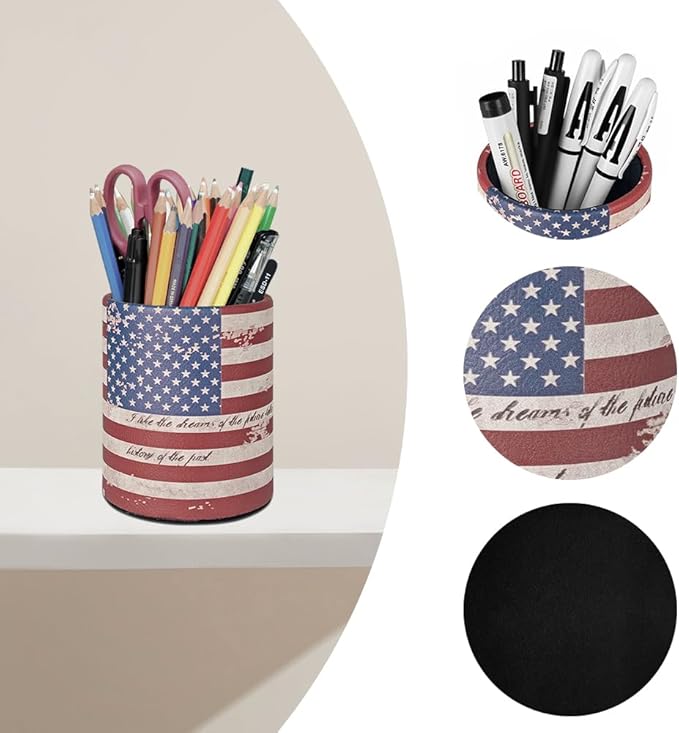 Pen Pencil Holder Cup Container PU Leather Desk Organizer Stand Decor Brush Scissor Holder Decoration Office Desk Home School (3.3" x 3.3" x 4", US Flag)