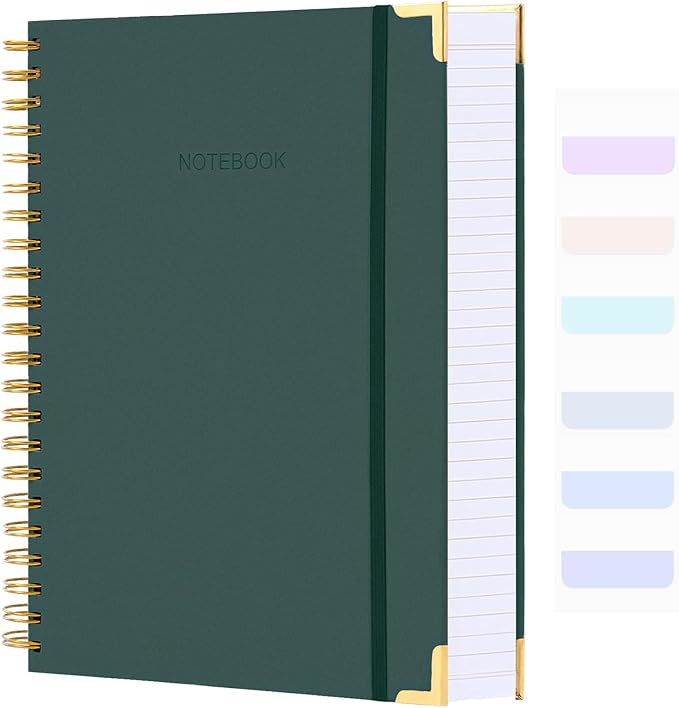 Spiral Notebook, Hardcover Leather Journal for Women Men, 300 Page Thick Notebooks College Ruled for Work, School, Note Taking, Writing Journals, Large A5 Notebook with Tabs Sticky, 5.7" x 8.5", Green