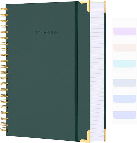 Spiral Notebook, Hardcover Leather Journal for Women Men, 300 Page Thick Notebooks College Ruled for Work, School, Note Taking, Writing Journals, Large A5 Notebook with Tabs Sticky, 5.7" x 8.5", Green
