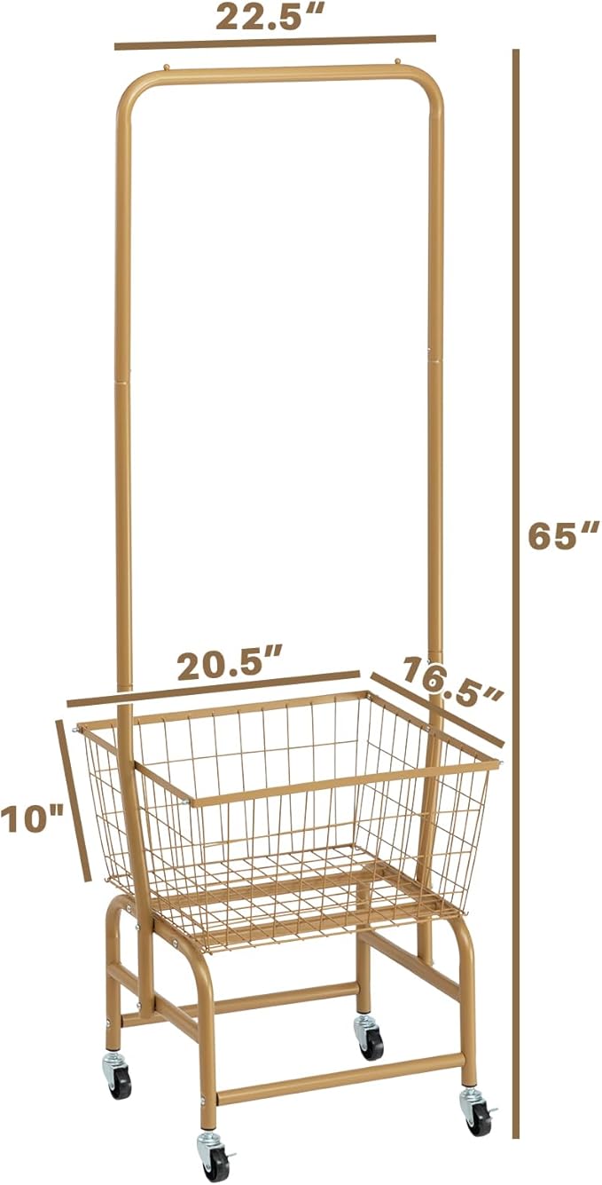 ALIMORDEN Laundry Cart with Clothes Rack, Rolling Laundry Butler with Wire Storage Rack，Gold