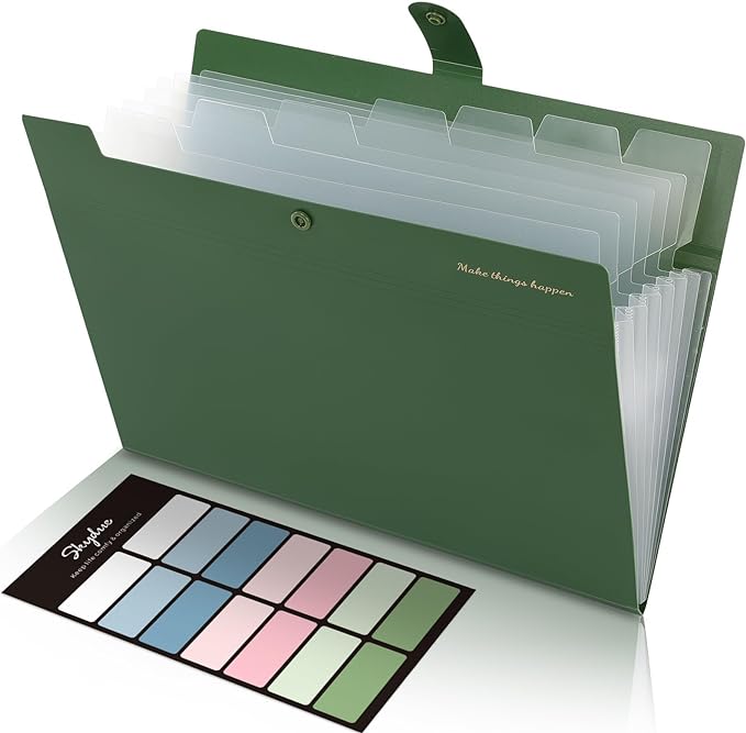 SKYDUE Expanding File Folders with 8 Pockets, Accordion File Organizer with Labels, Portable Paper Bill Receipt Organizer, Letter Size, Home School Office Supplies, Olive Green