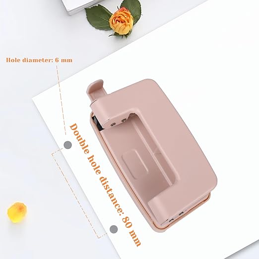 2 Hole Punch 1/4" with Ruler Paper, Pink Two Hole Punch, 2 Holes Puncher for File Folder, Metal Manual Low Force Looseleaf Double Punch Capacity 10 Sheet for A4/A5/B5 for Office and Home