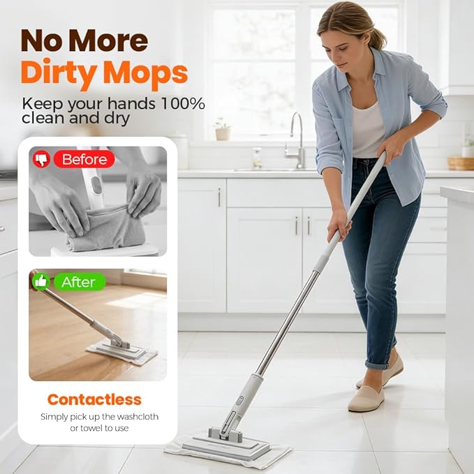 Snap Grip Mini Mop,Mini Sweeper Mop No-Touch Dirty Cleaning Flat Dust Mop for Dry Wet Disposable Pads,Corners Wall Multi Surface Cleaning (White 6.3x31 inch)